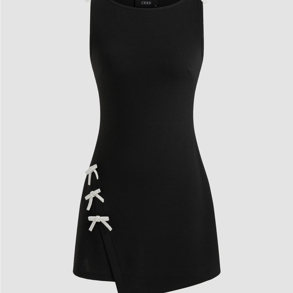 Cider Black Mini Dress with White Bow Details